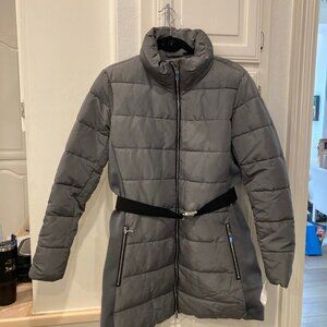 NWT NY & Co Gray Puffer Coat Women's Large New York and Company Belted Stretchy